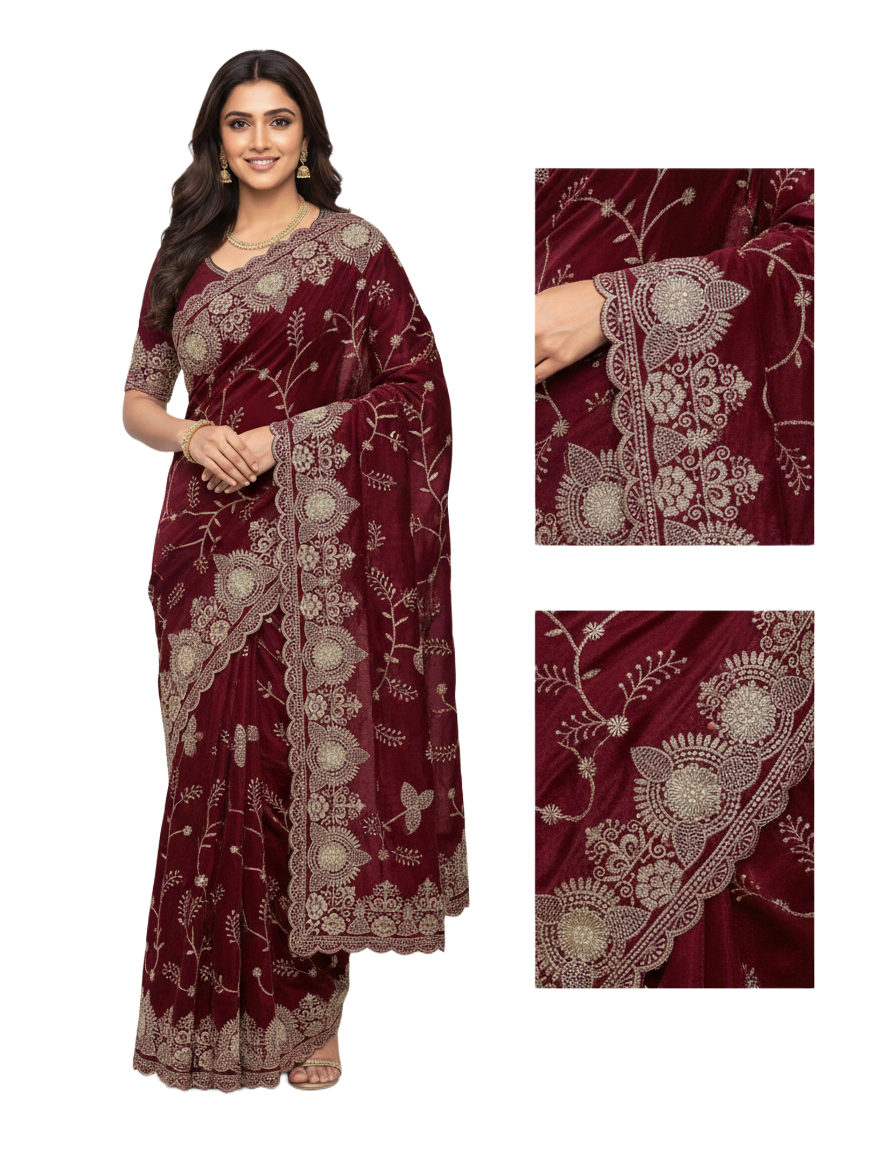Jwalamukhi Silk Premium Saree in Maroon with Gold Zari Border & Floral Design – Elegant Traditional Wear