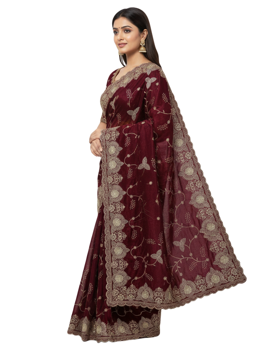 Jwalamukhi Silk Premium Saree in Maroon with Gold Zari Border & Floral Design – Elegant Traditional Wear