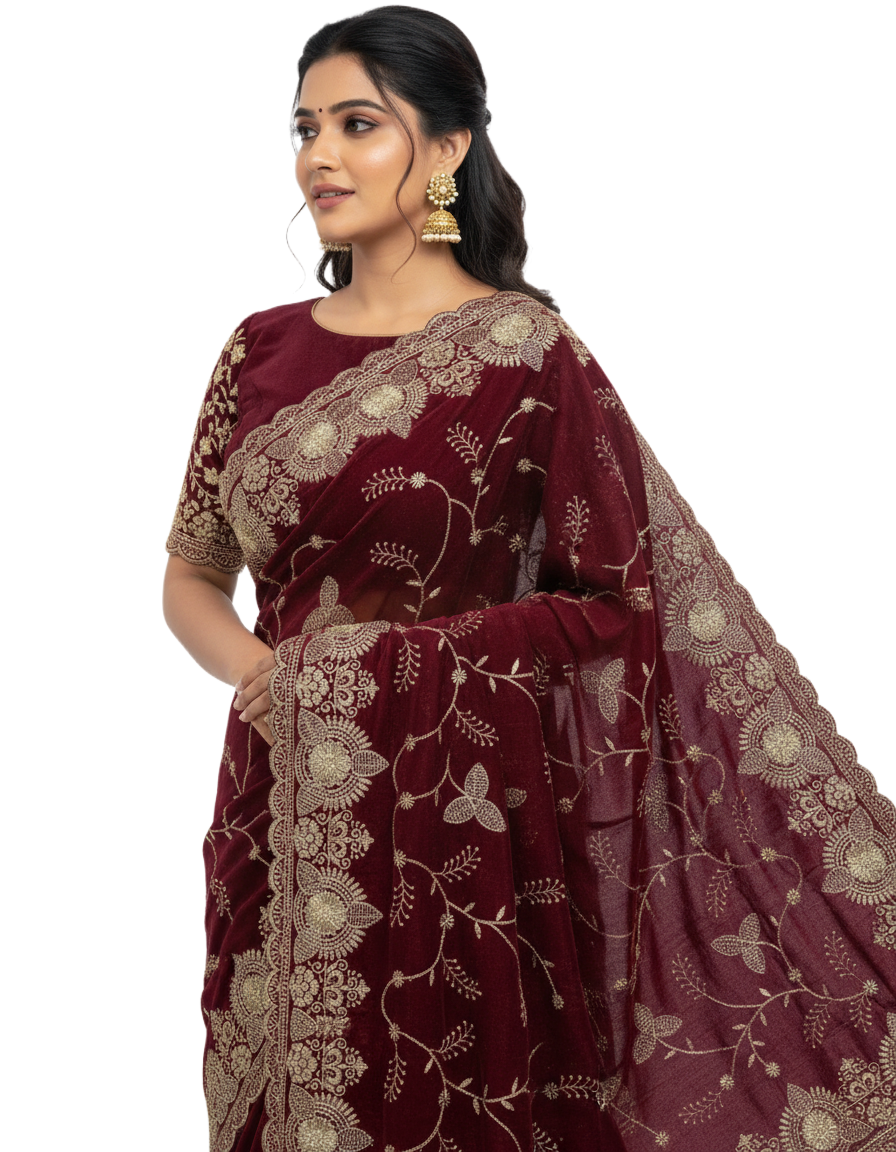 Jwalamukhi Silk Premium Saree in Maroon with Gold Zari Border & Floral Design – Elegant Traditional Wear