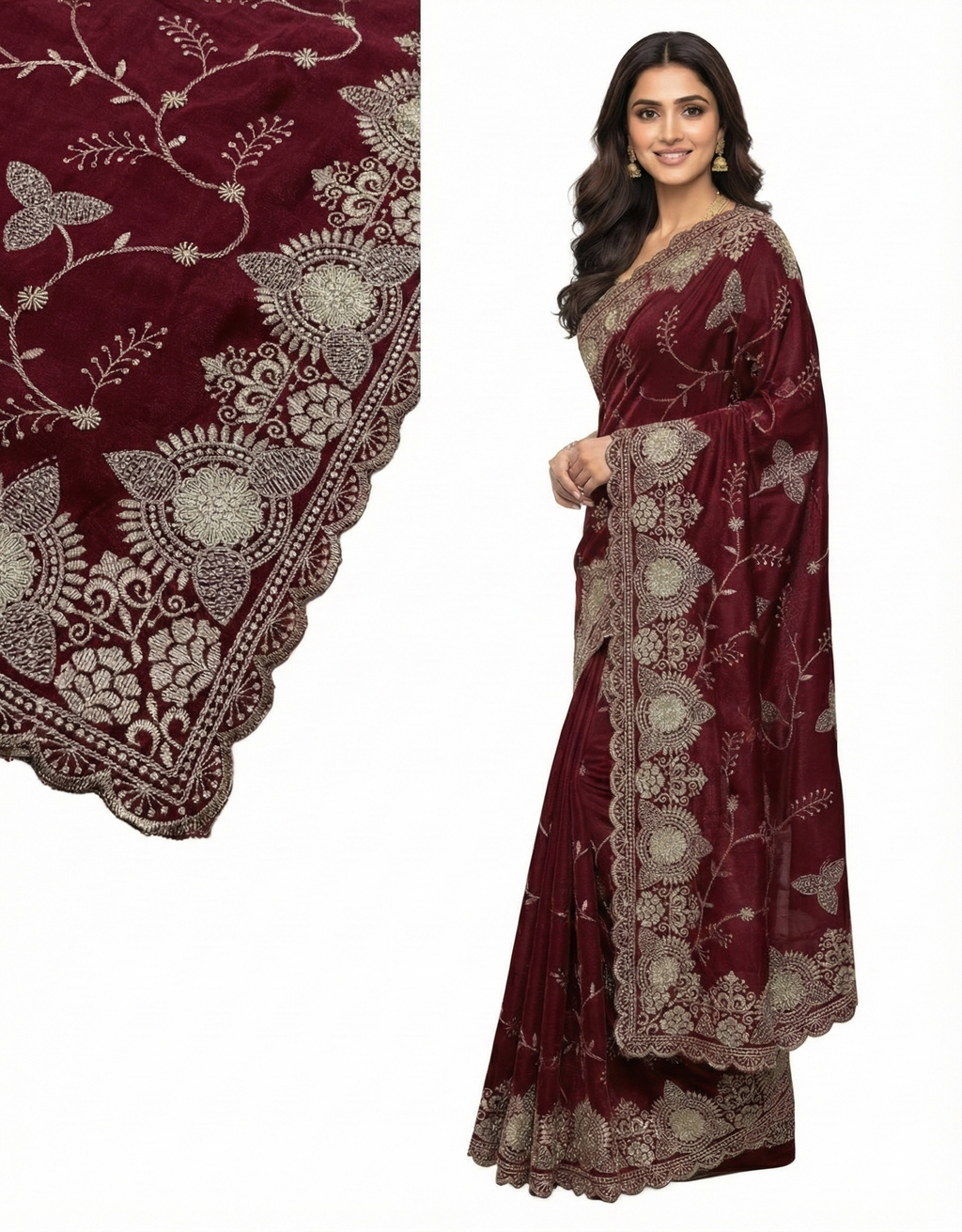 Jwalamukhi Silk Premium Saree in Maroon with Gold Zari Border & Floral Design – Elegant Traditional Wear