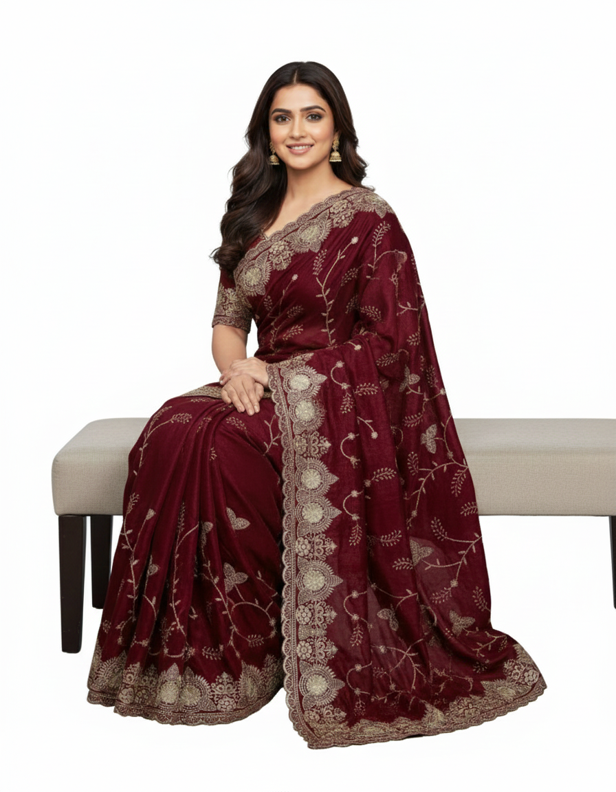Jwalamukhi Silk Premium Saree in Maroon with Gold Zari Border & Floral Design – Elegant Traditional Wear