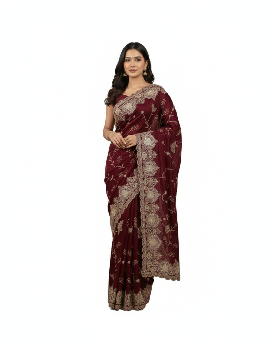 Jwalamukhi Silk Premium Saree in Maroon with Gold Zari Border & Floral Design – Elegant Traditional Wear