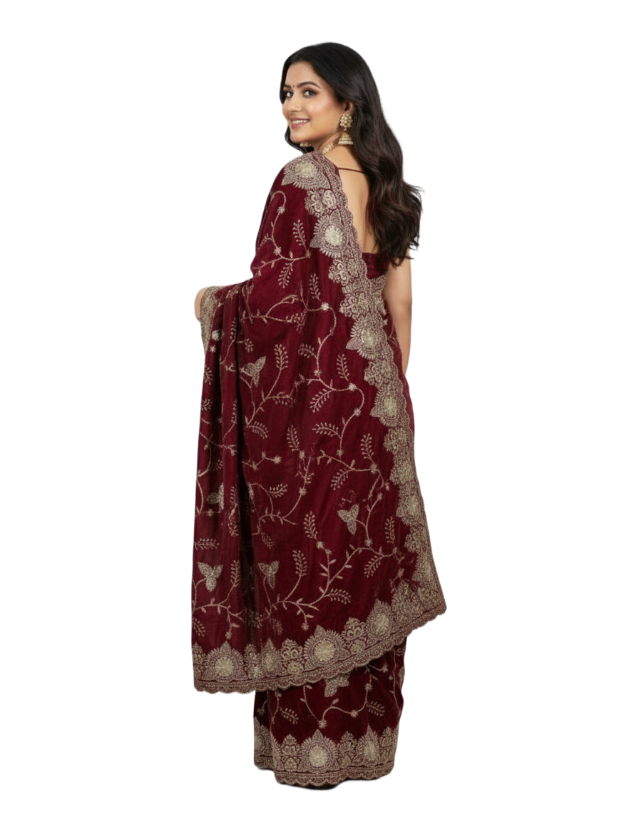 Jwalamukhi Silk Premium Saree in Maroon with Gold Zari Border & Floral Design – Elegant Traditional Wear