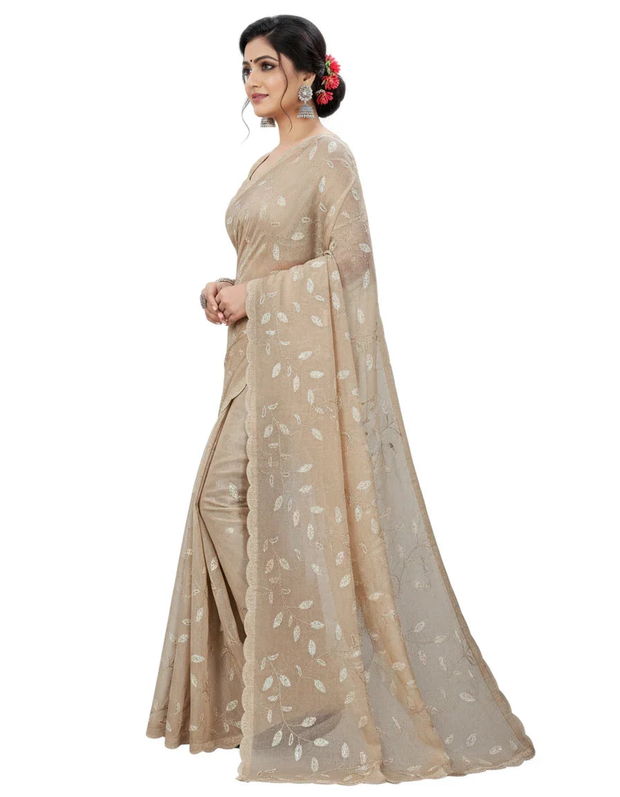 Apsara Silk Premium Saree in Brown with Gold Leaf Motifs & Scalloped Border – Elegant Traditional Wear