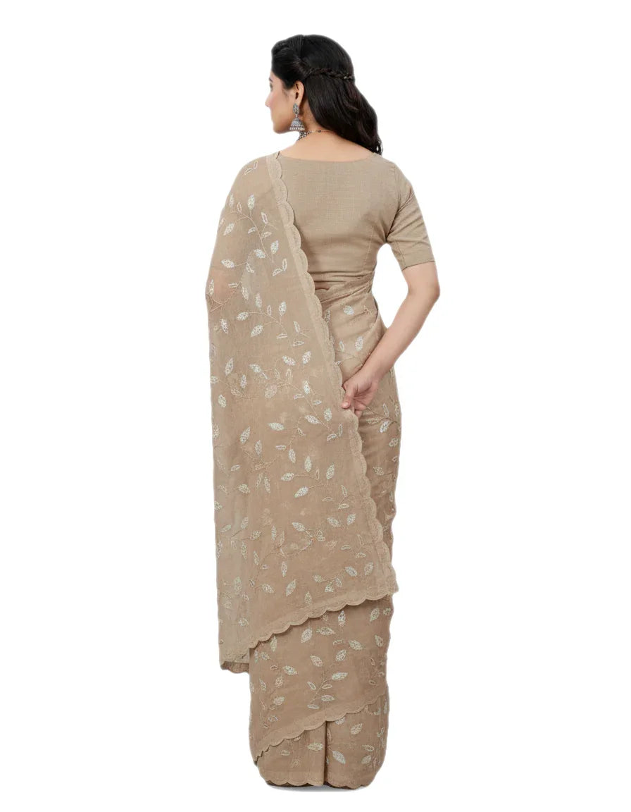 Apsara Silk Premium Saree in Brown with Gold Leaf Motifs & Scalloped Border – Elegant Traditional Wear