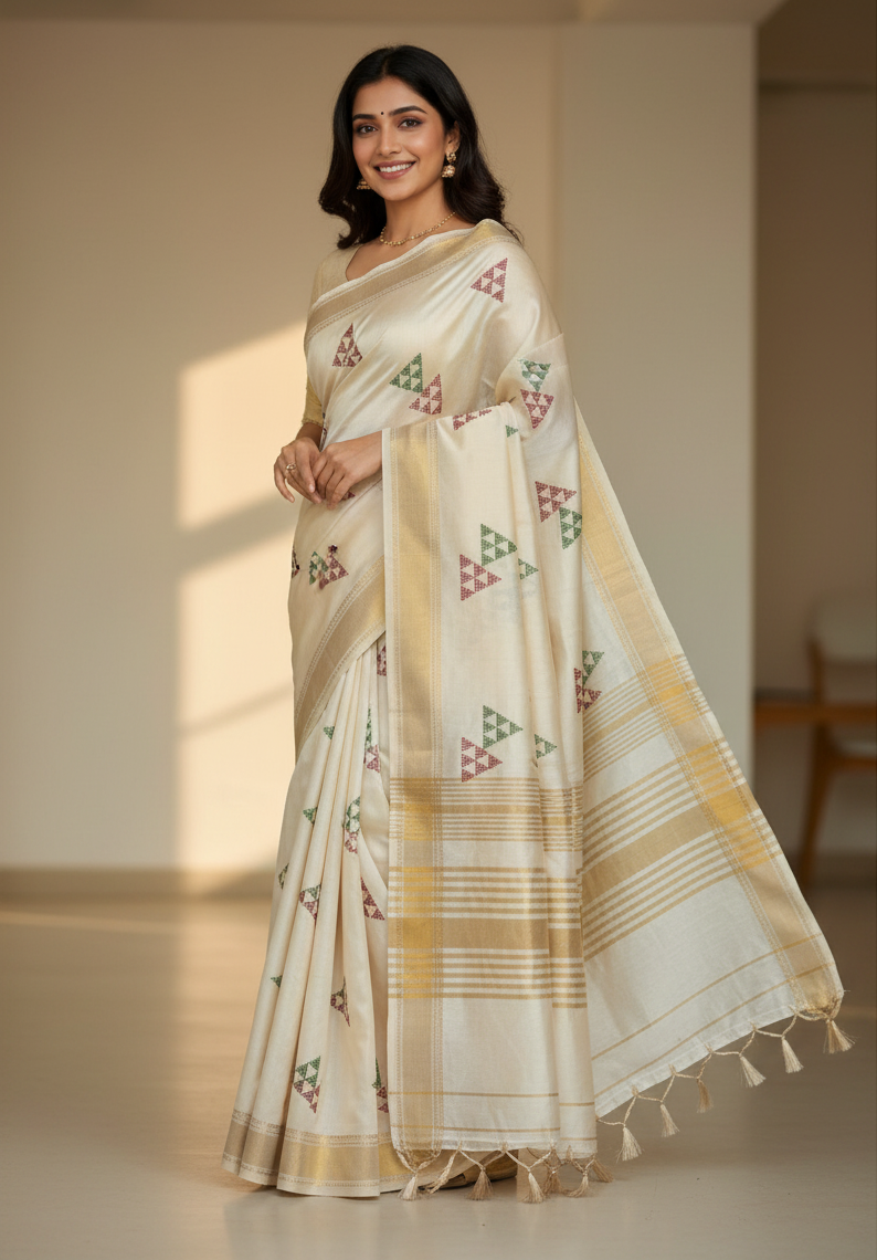 Max Pallu Exclusive Fancy Saree with Blouse – Cream Saree with Golden Accents & Multicolor Motifs