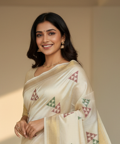 Max Pallu Exclusive Fancy Saree with Blouse – Cream Saree with Golden Accents & Multicolor Motifs