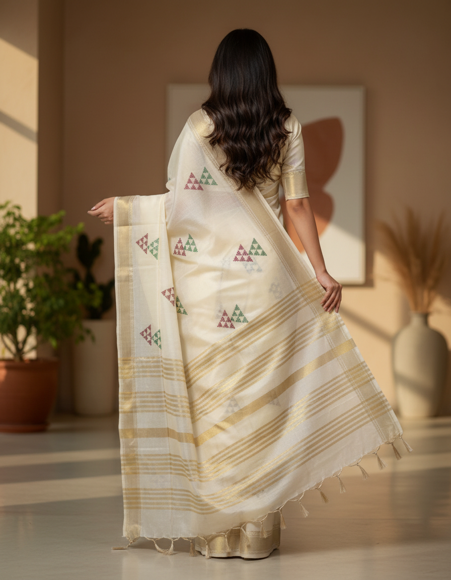 Max Pallu Exclusive Fancy Saree with Blouse – Cream Saree with Golden Accents & Multicolor Motifs
