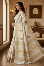 Max Pallu Exclusive Fancy Saree with Blouse – Cream Saree with Golden Accents & Multicolor Motifs