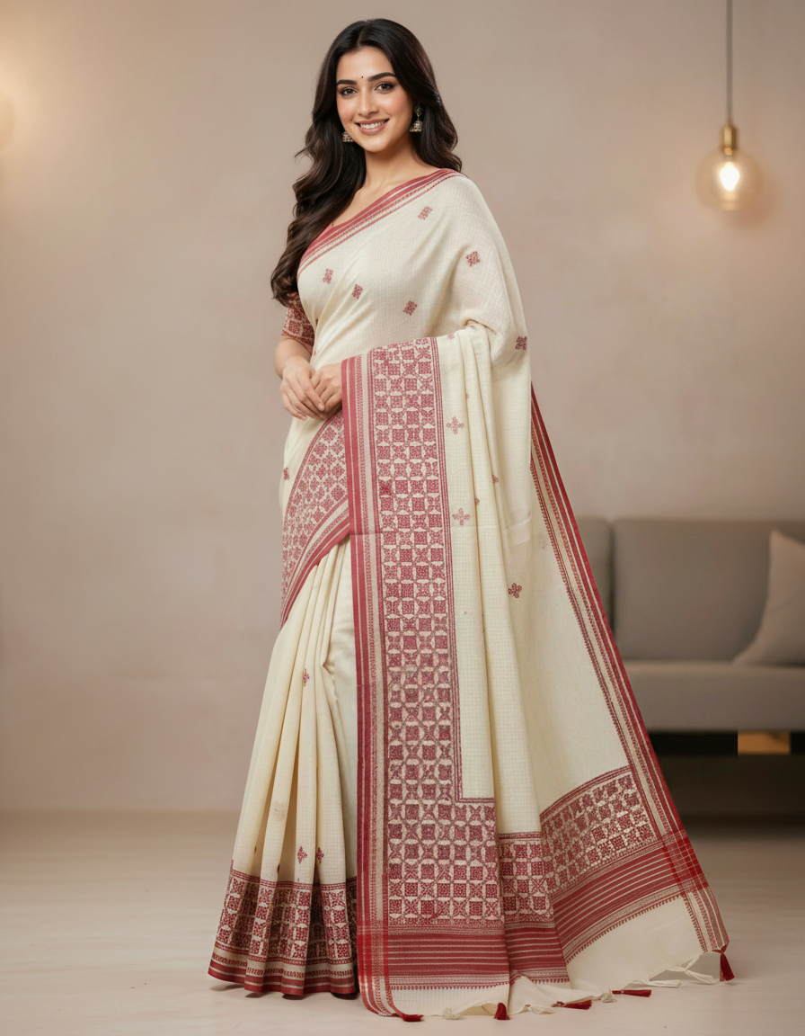 Barfi Pennal Exclusive Fancy Saree with Blouse – Elegant Cream & Maroon Designer Wear