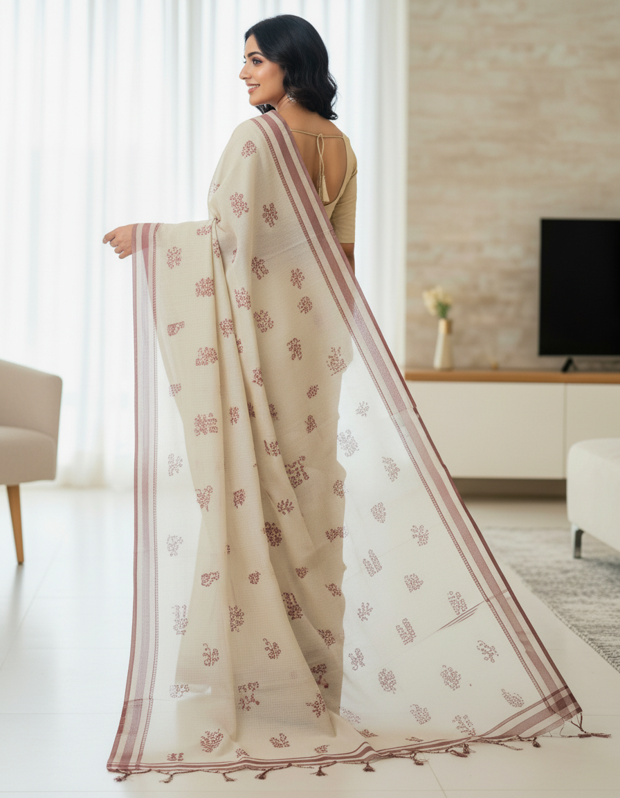 Kantara Exclusive Fancy Saree with Blouse – Cream & Maroon Ethnic Elegance