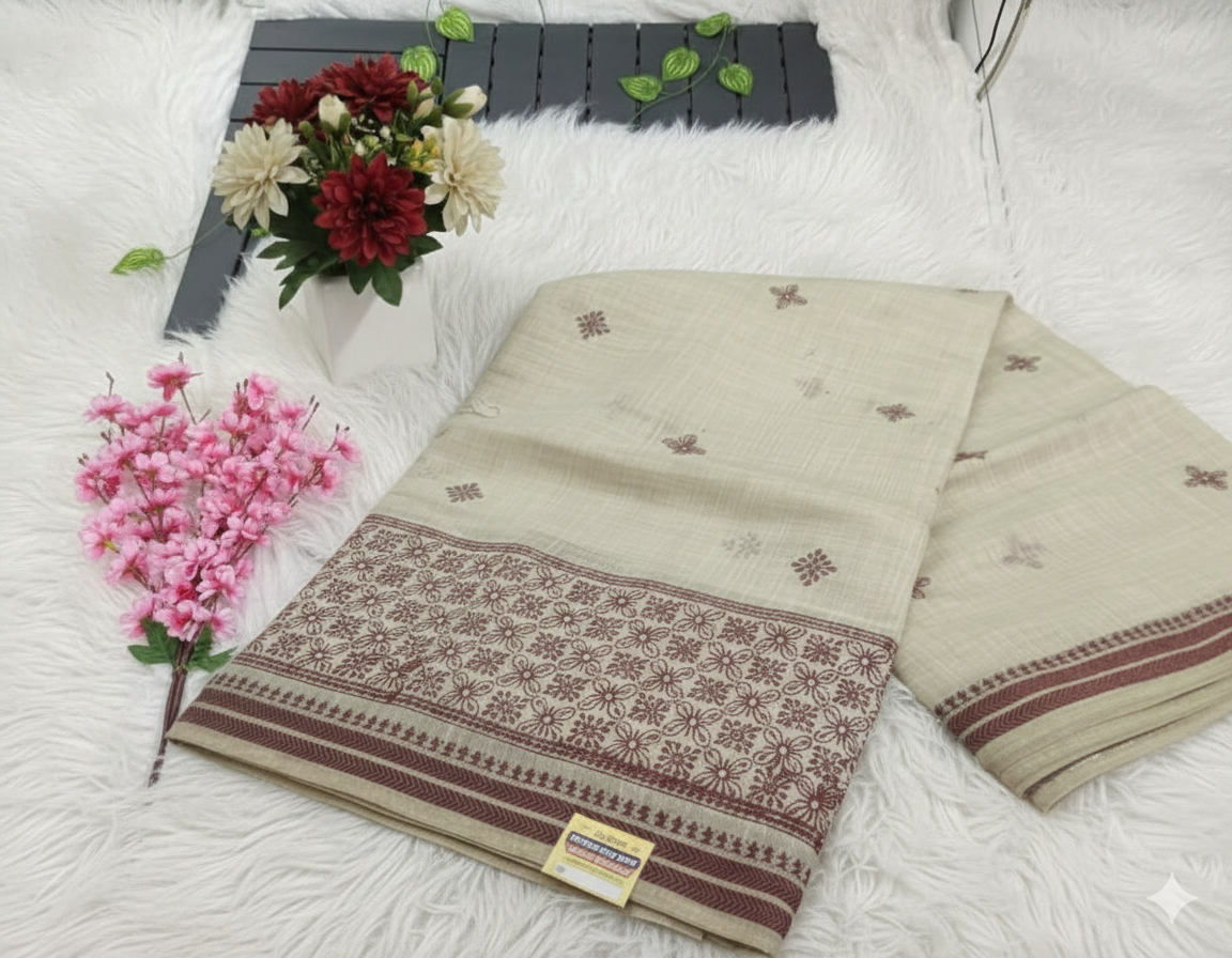 Barfi Pennal Exclusive Fancy Saree with Blouse – Elegant Cream & Maroon Designer Wear