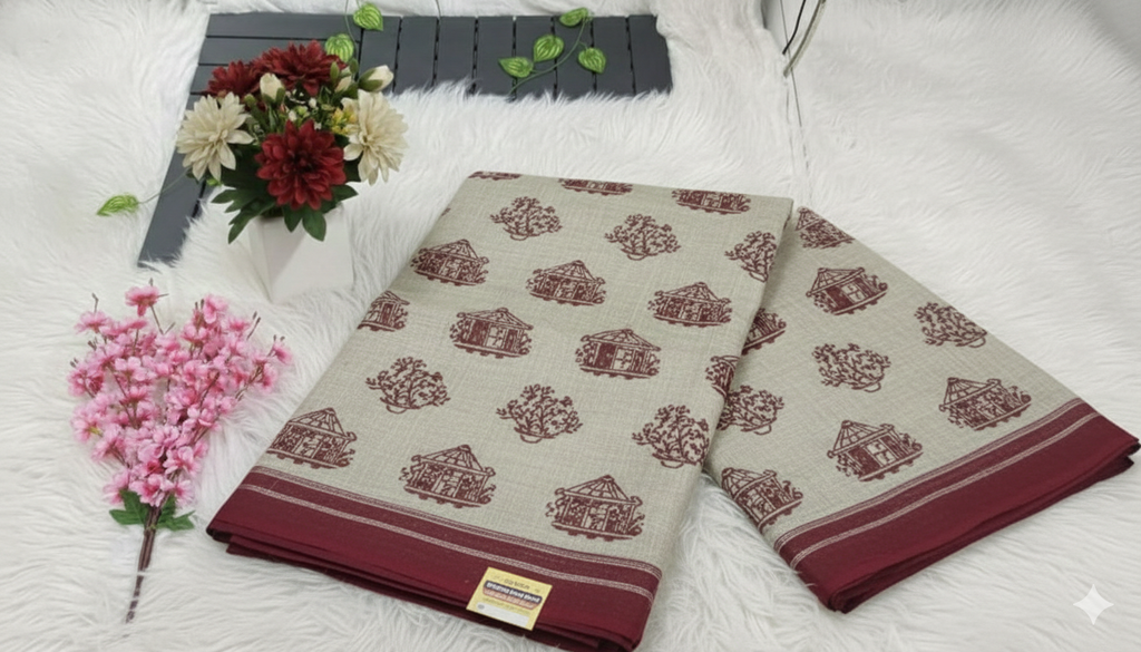 Kantara Exclusive Fancy Saree with Blouse – Cream & Maroon Ethnic Elegance