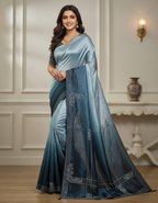 Nimantran Exclusive Fancy Party Wear Saree with Blouse – Elegant Teal Grey Saree with Silver Embroidery