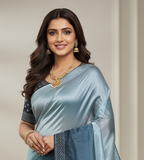 Nimantran Exclusive Fancy Party Wear Saree with Blouse – Elegant Teal Grey Saree with Silver Embroidery
