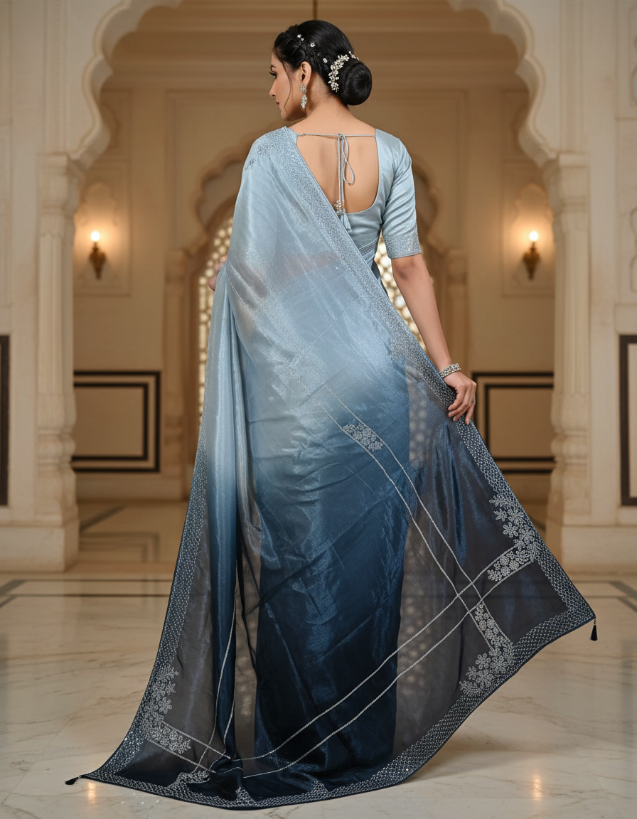 Nimantran Exclusive Fancy Party Wear Saree with Blouse – Elegant Teal Grey Saree with Silver Embroidery