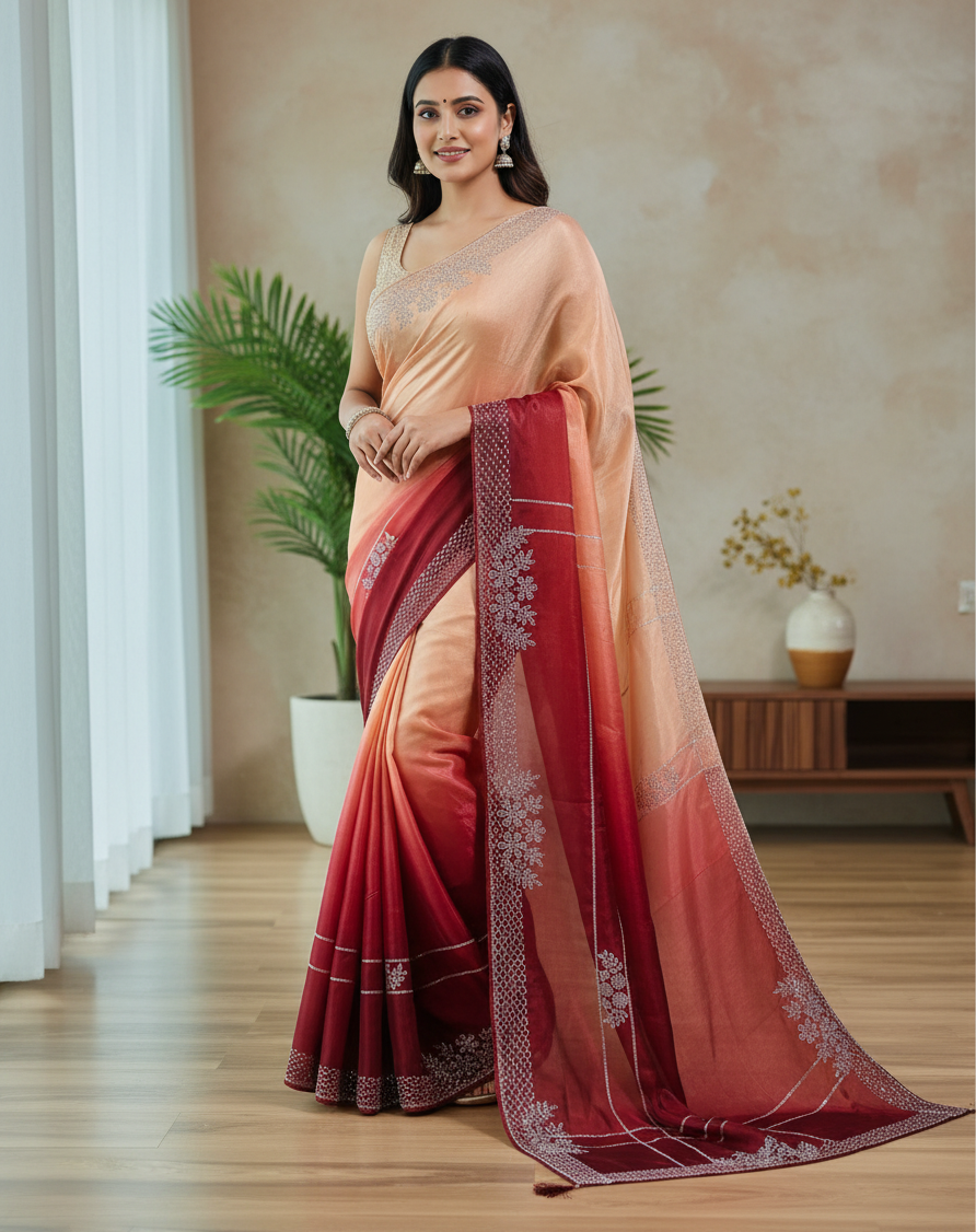 Nimantran Exclusive Fancy Party Wear Saree with Blouse – Elegant Maroon with Silver Embroidery