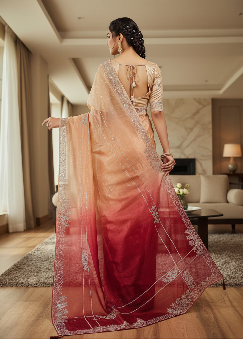 Nimantran Exclusive Fancy Party Wear Saree with Blouse – Elegant Maroon with Silver Embroidery