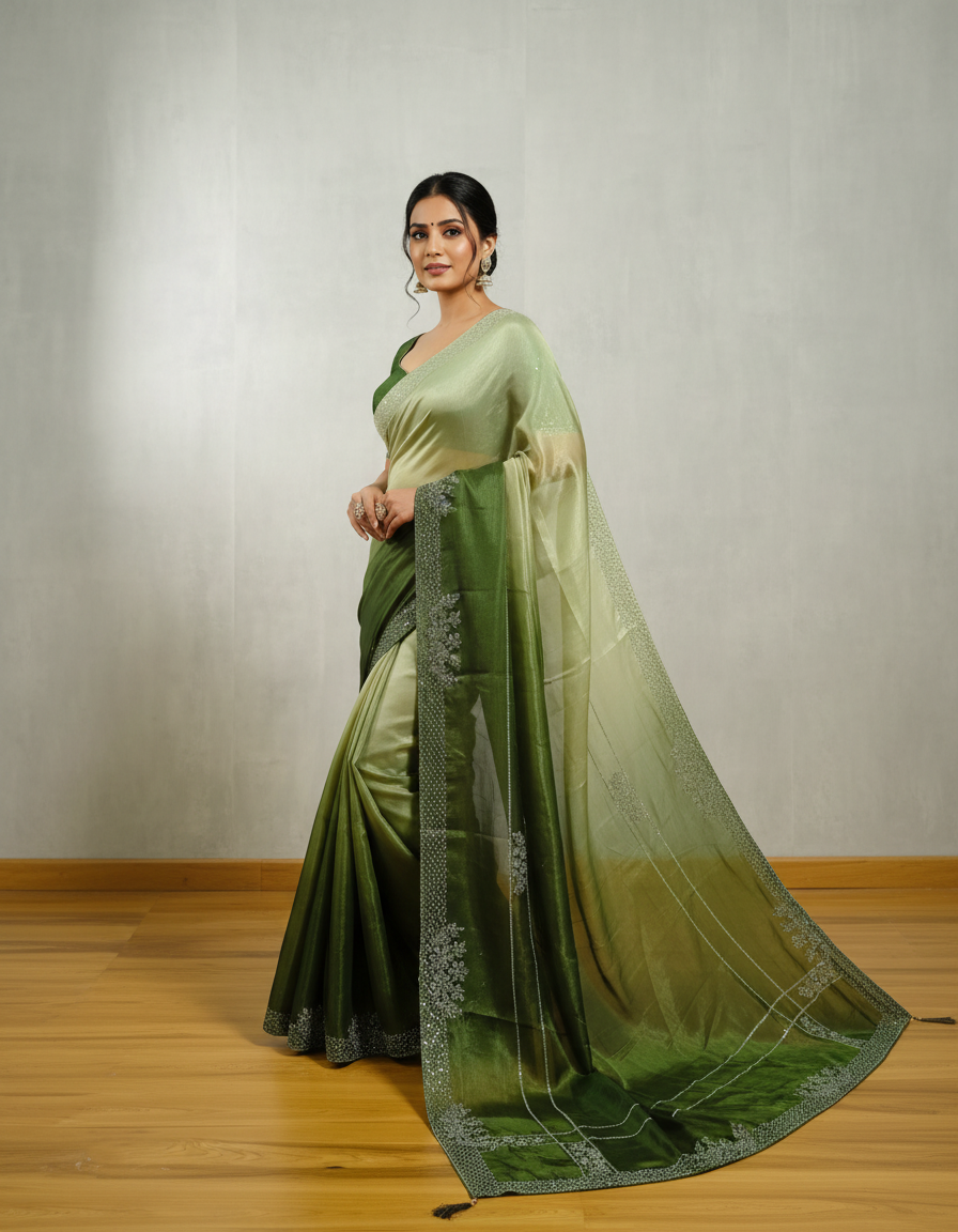 Nimantran Exclusive Fancy Party Wear Saree with Blouse – Elegant Green with Silver Embroidery