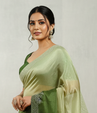 Nimantran Exclusive Fancy Party Wear Saree with Blouse – Elegant Green with Silver Embroidery