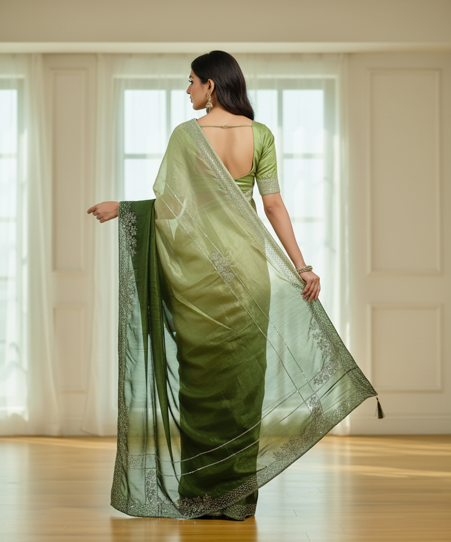 Nimantran Exclusive Fancy Party Wear Saree with Blouse – Elegant Green with Silver Embroidery