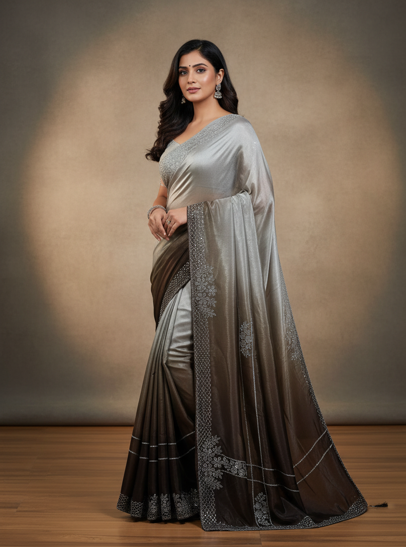 Nimantran Exclusive Fancy Party Wear Saree with Blouse – Elegant Brown with Silver Embroidery