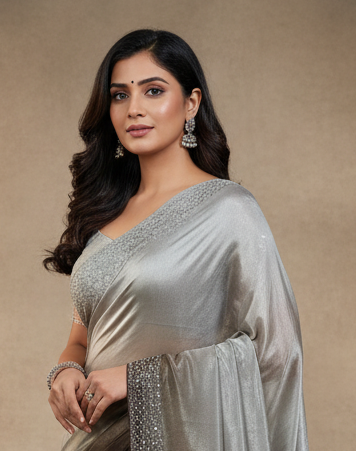 Nimantran Exclusive Fancy Party Wear Saree with Blouse – Elegant Brown with Silver Embroidery