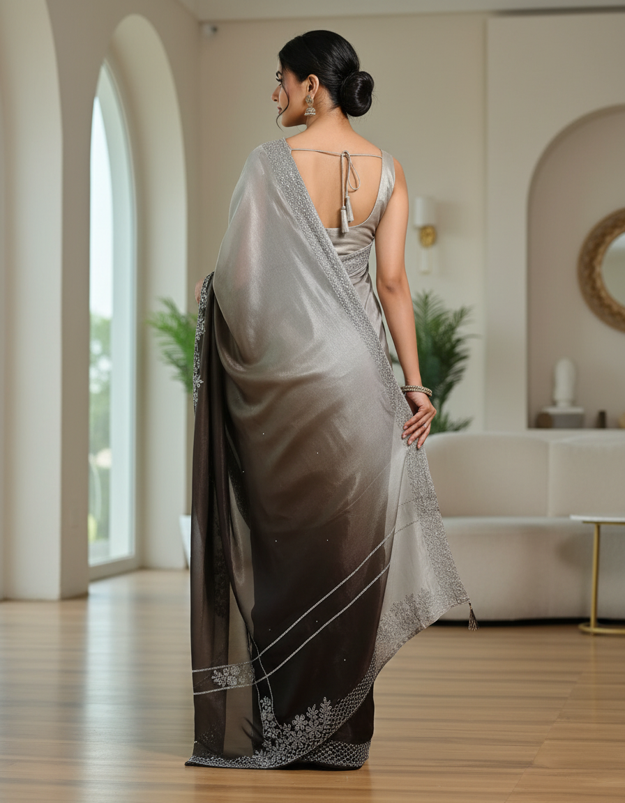 Nimantran Exclusive Fancy Party Wear Saree with Blouse – Elegant Brown with Silver Embroidery