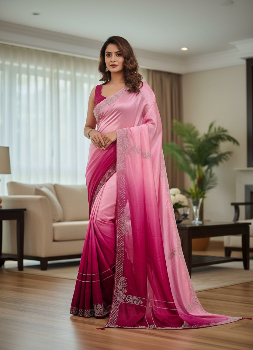 Nimantran Exclusive Fancy Party Wear Saree with Blouse – Elegant Pink with Silver Embroidery