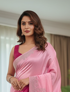 Nimantran Exclusive Fancy Party Wear Saree with Blouse – Elegant Pink with Silver Embroidery