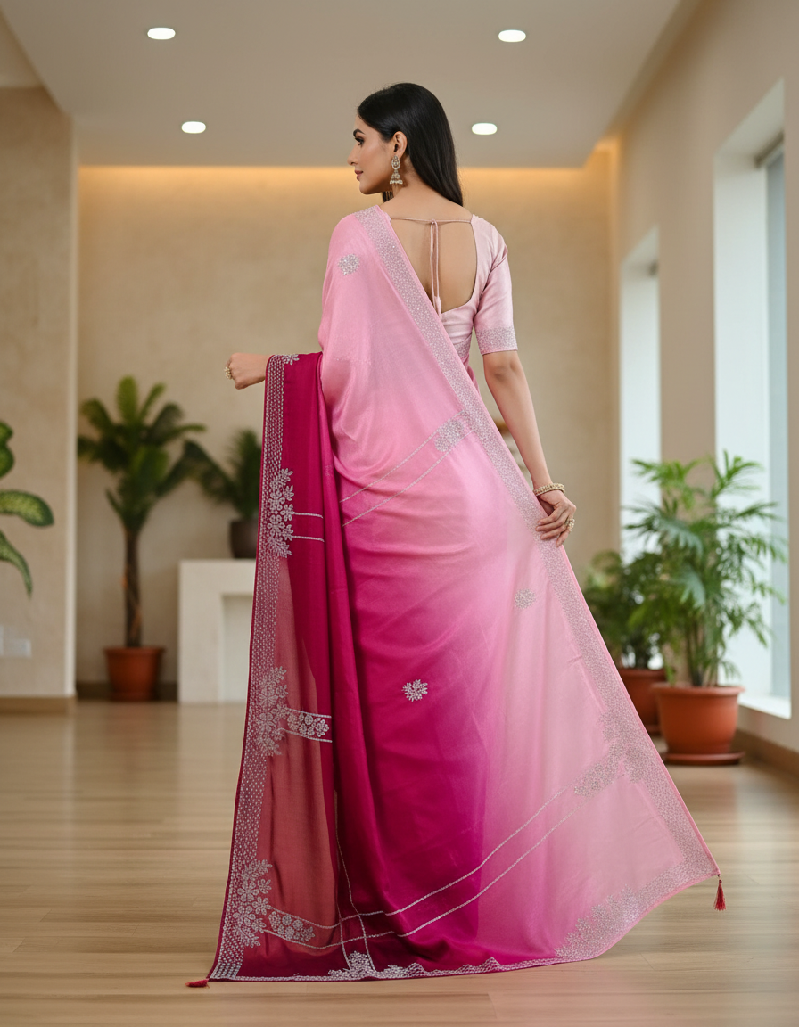 Nimantran Exclusive Fancy Party Wear Saree with Blouse – Elegant Pink with Silver Embroidery