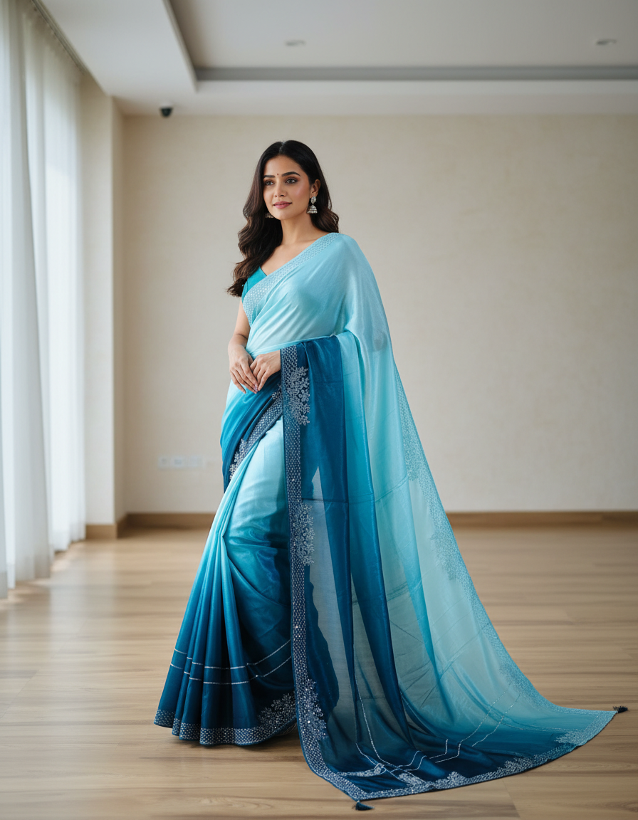 Nimantran Exclusive Fancy Party Wear Saree with Blouse – Elegant Blue with Silver Embroidery