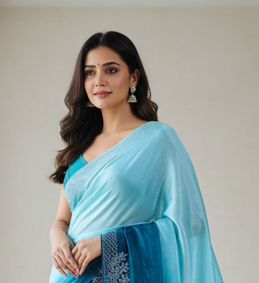 Nimantran Exclusive Fancy Party Wear Saree with Blouse – Elegant Blue with Silver Embroidery