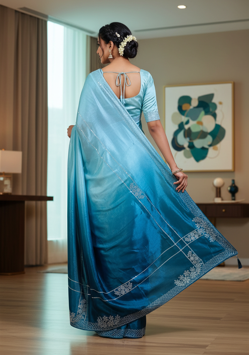 Nimantran Exclusive Fancy Party Wear Saree with Blouse – Elegant Blue with Silver Embroidery