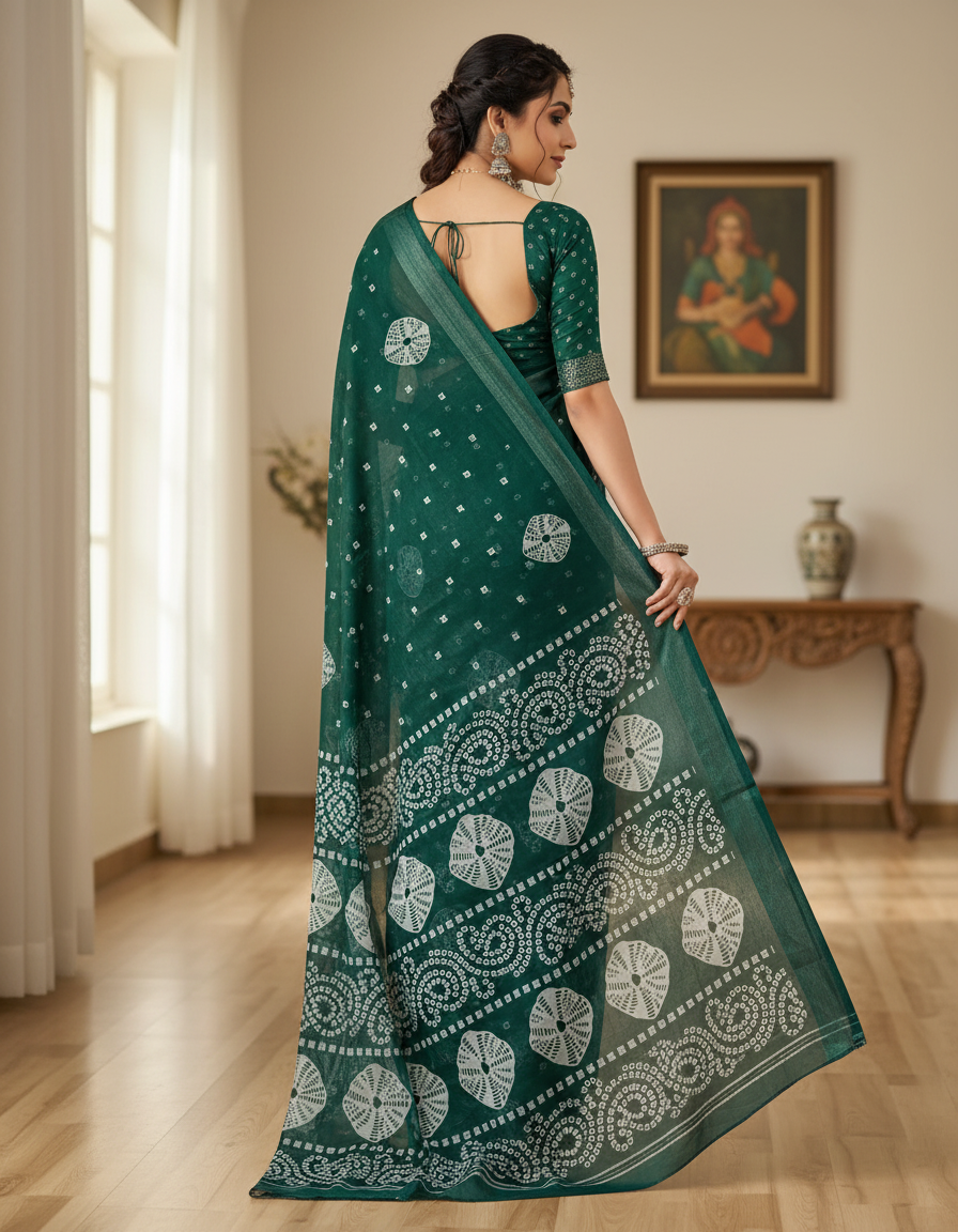 Sundari Bengali Cotton Printed Saree with Blouse – Ethnic Daily Wear in Green