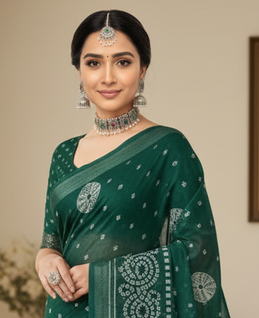 Sundari Bengali Cotton Printed Saree with Blouse – Ethnic Daily Wear in Green