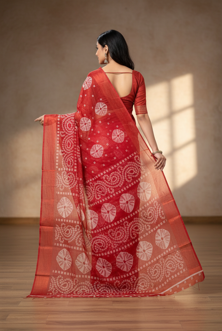 Sundari Bengali Cotton Printed Saree with Blouse – Ethnic Daily Wear in Red