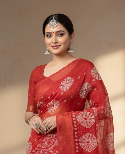 Sundari Bengali Cotton Printed Saree with Blouse – Ethnic Daily Wear in Red