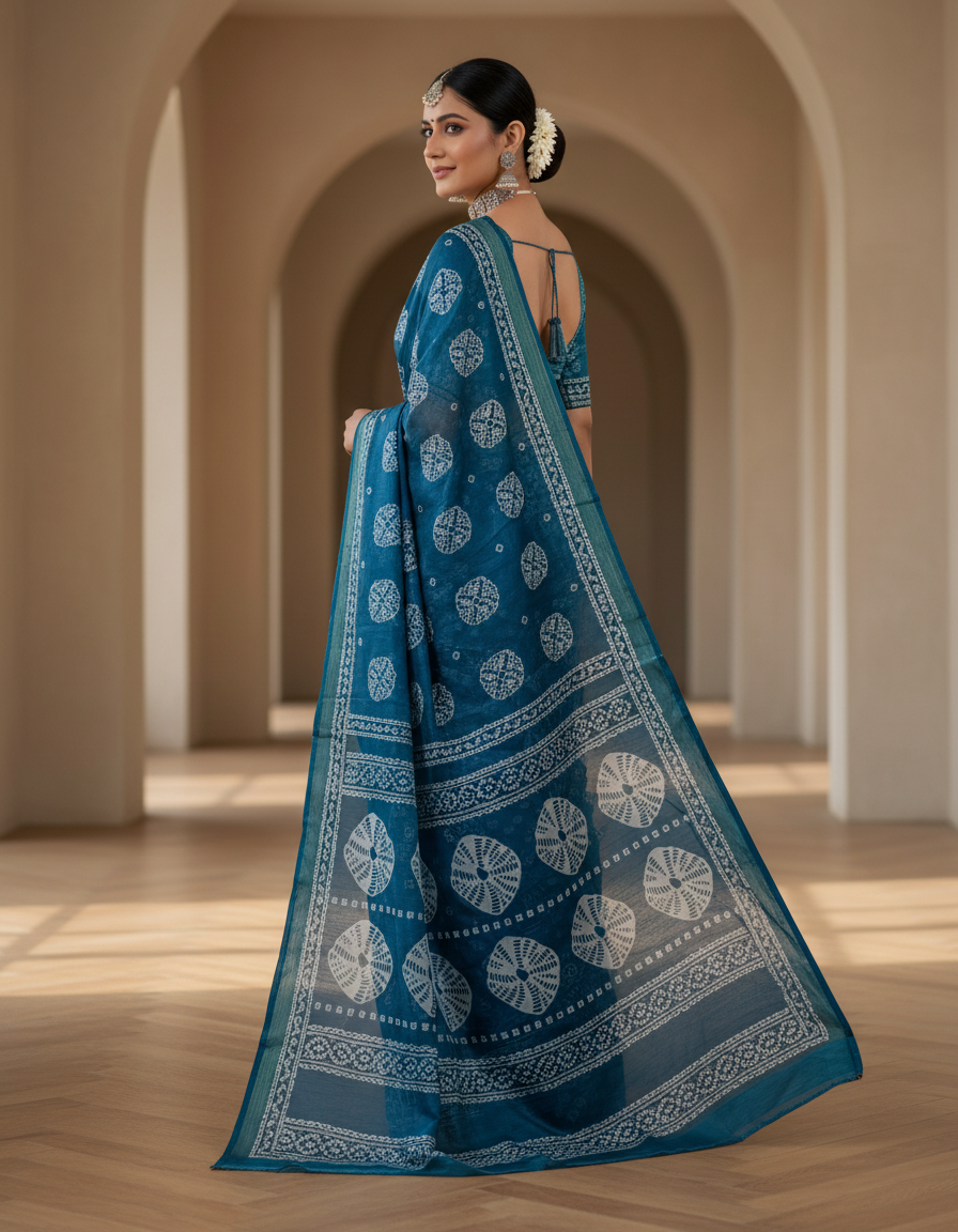Sundari Bengali Cotton Printed Saree with Blouse – Ethnic Daily Wear in Blue