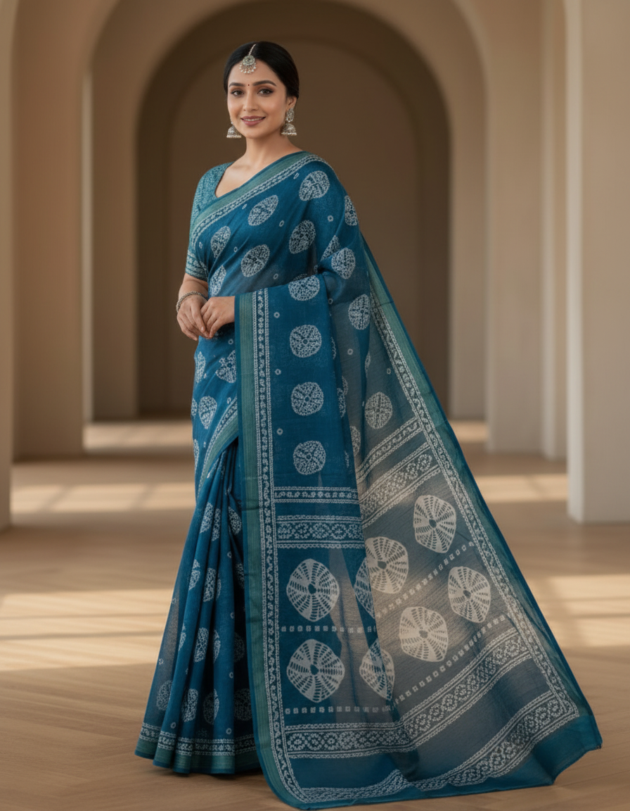 Sundari Bengali Cotton Printed Saree with Blouse – Ethnic Daily Wear in Blue