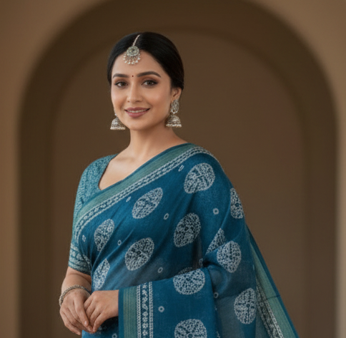 Sundari Bengali Cotton Printed Saree with Blouse – Ethnic Daily Wear in Blue