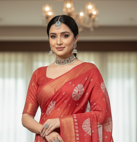 Sundari Bengali Cotton Printed Saree with Blouse – Ethnic Daily Wear in Pink