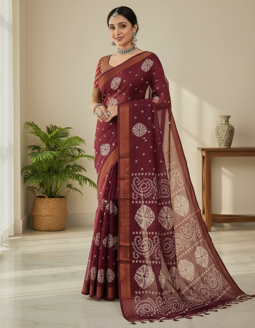 Sundari Bengali Cotton Printed Saree with Blouse – Ethnic Daily Wear in Maroon