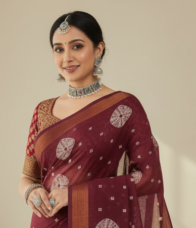 Sundari Bengali Cotton Printed Saree with Blouse – Ethnic Daily Wear in Maroon