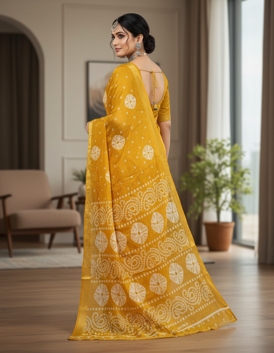 Sundari Bengali Cotton Printed Saree with Blouse – Ethnic Daily Wear in Yellow
