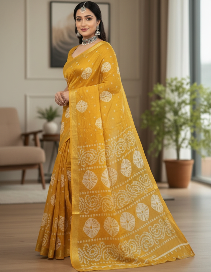 Sundari Bengali Cotton Printed Saree with Blouse – Ethnic Daily Wear in Yellow