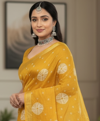 Sundari Bengali Cotton Printed Saree with Blouse – Ethnic Daily Wear in Yellow