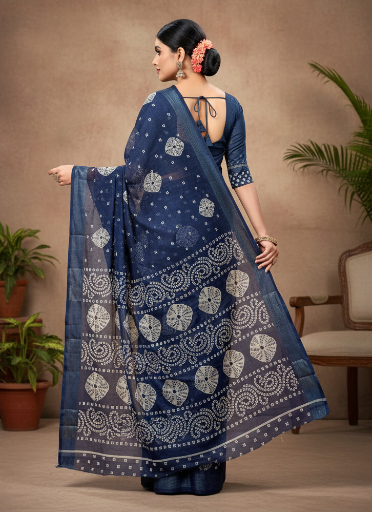 Sundari Bengali Cotton Printed Saree with Blouse – Ethnic Daily Wear in Navy Blue