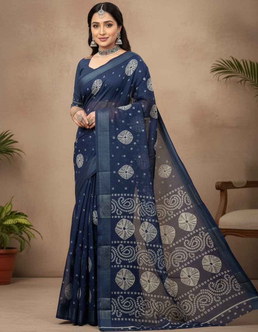 Sundari Bengali Cotton Printed Saree with Blouse – Ethnic Daily Wear in Navy Blue