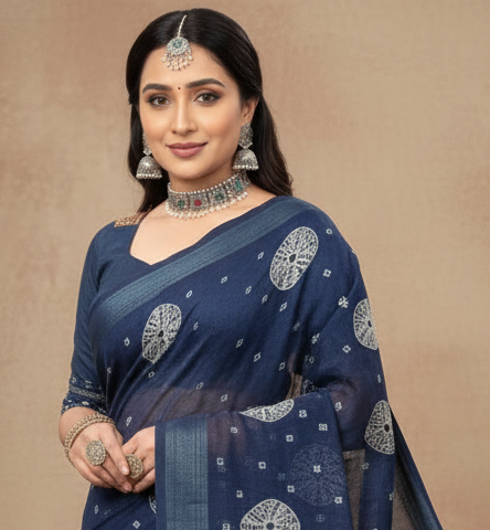 Sundari Bengali Cotton Printed Saree with Blouse – Ethnic Daily Wear in Navy Blue